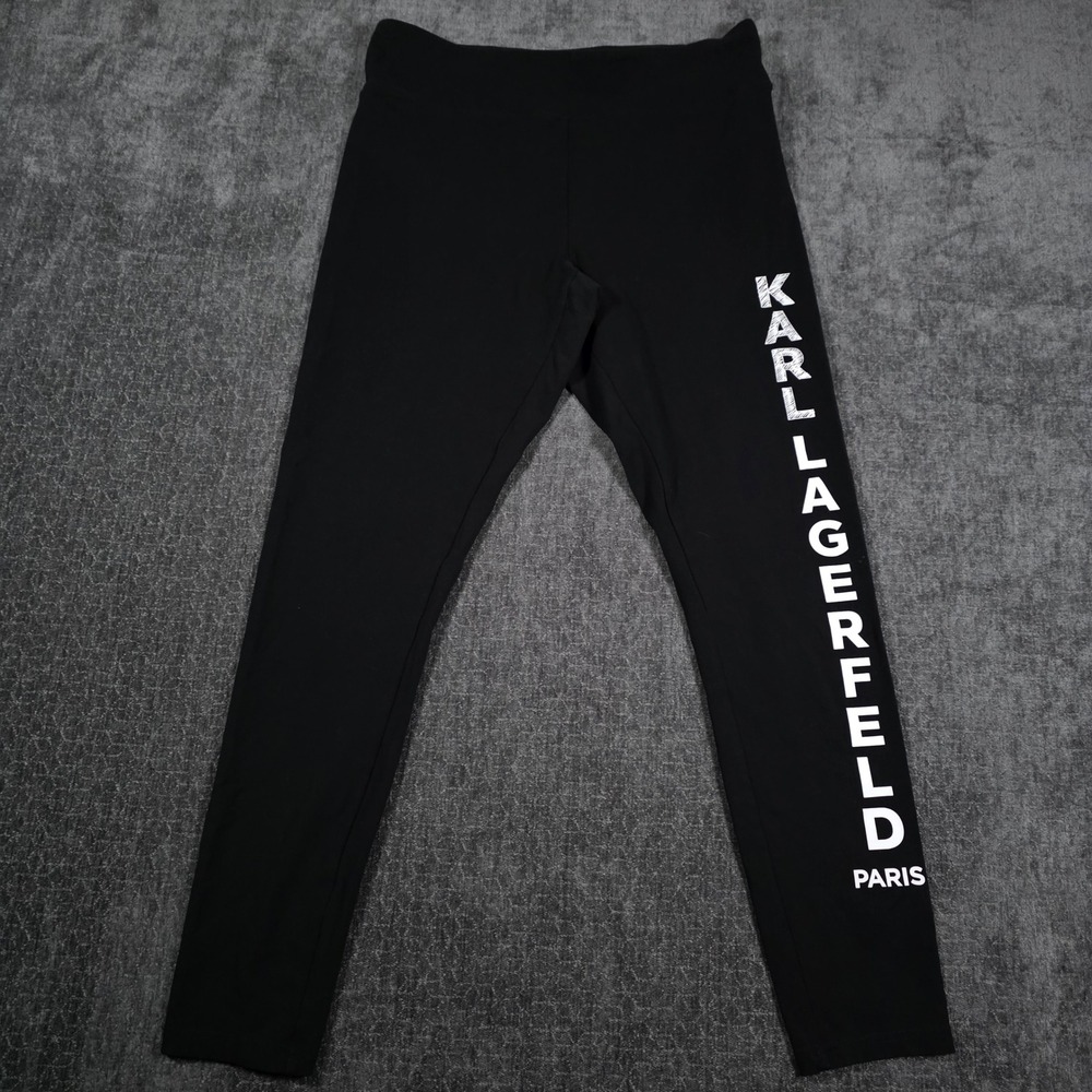 Karl Lagerfeld Paris Womens Medium Black Logo Graphic Leggings Athletic Yoga L